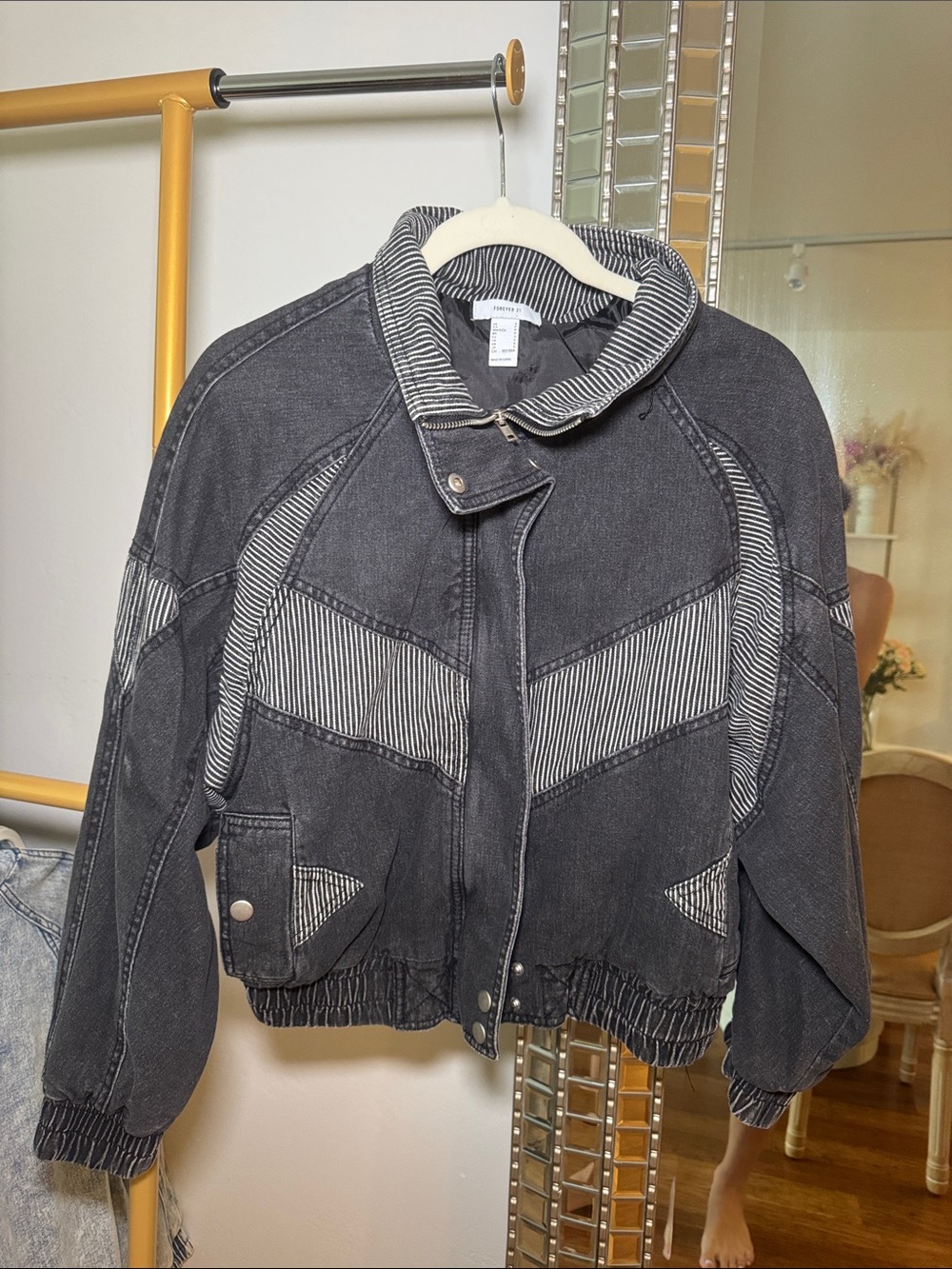 Forever 21 Black Denim Jacket with White Pinstripe Panels